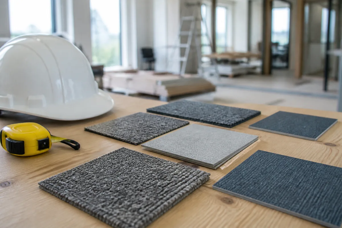 Échantillons de revêtements et casque de chantier posés sur une table dans des bureaux en travaux