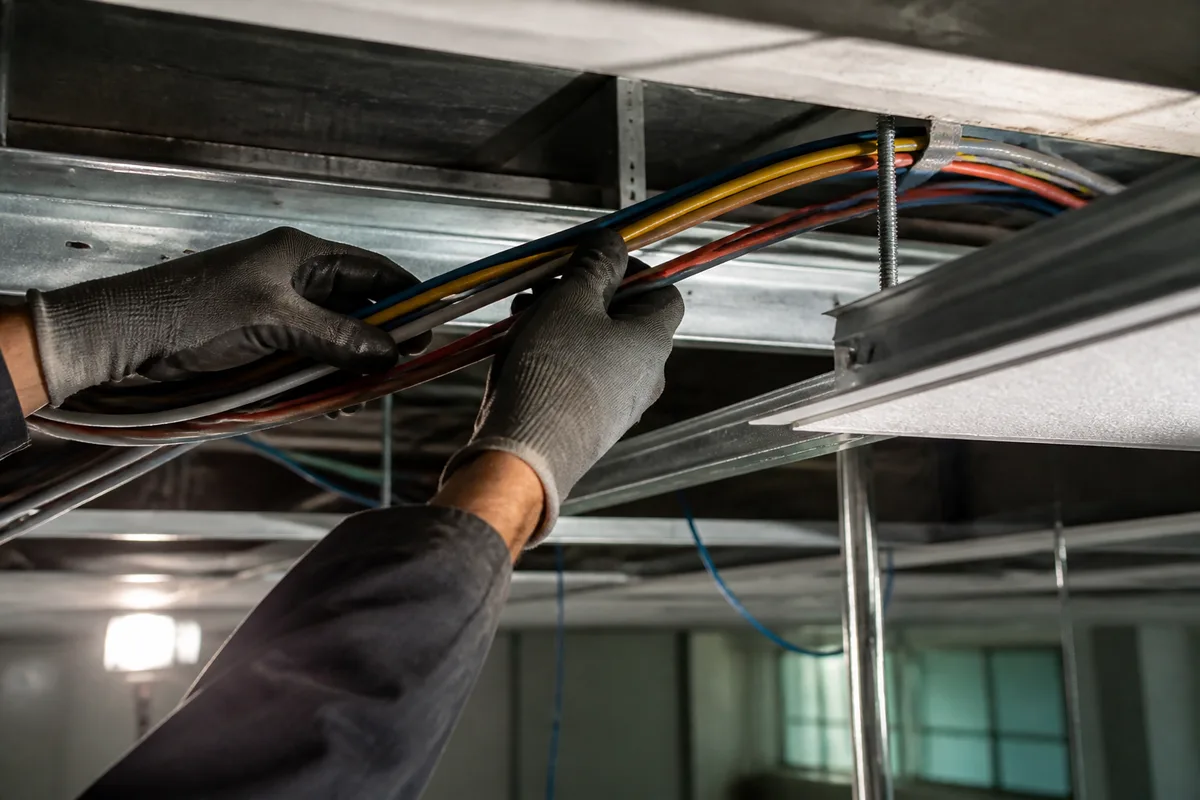 Mains d’un électricien passant des câbles dans un faux plafond de bureaux