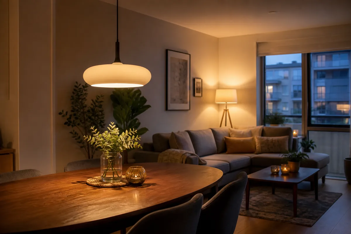 Suspension basse au-dessus d&rsquo;une table à manger et lampadaire côté canapé en soirée