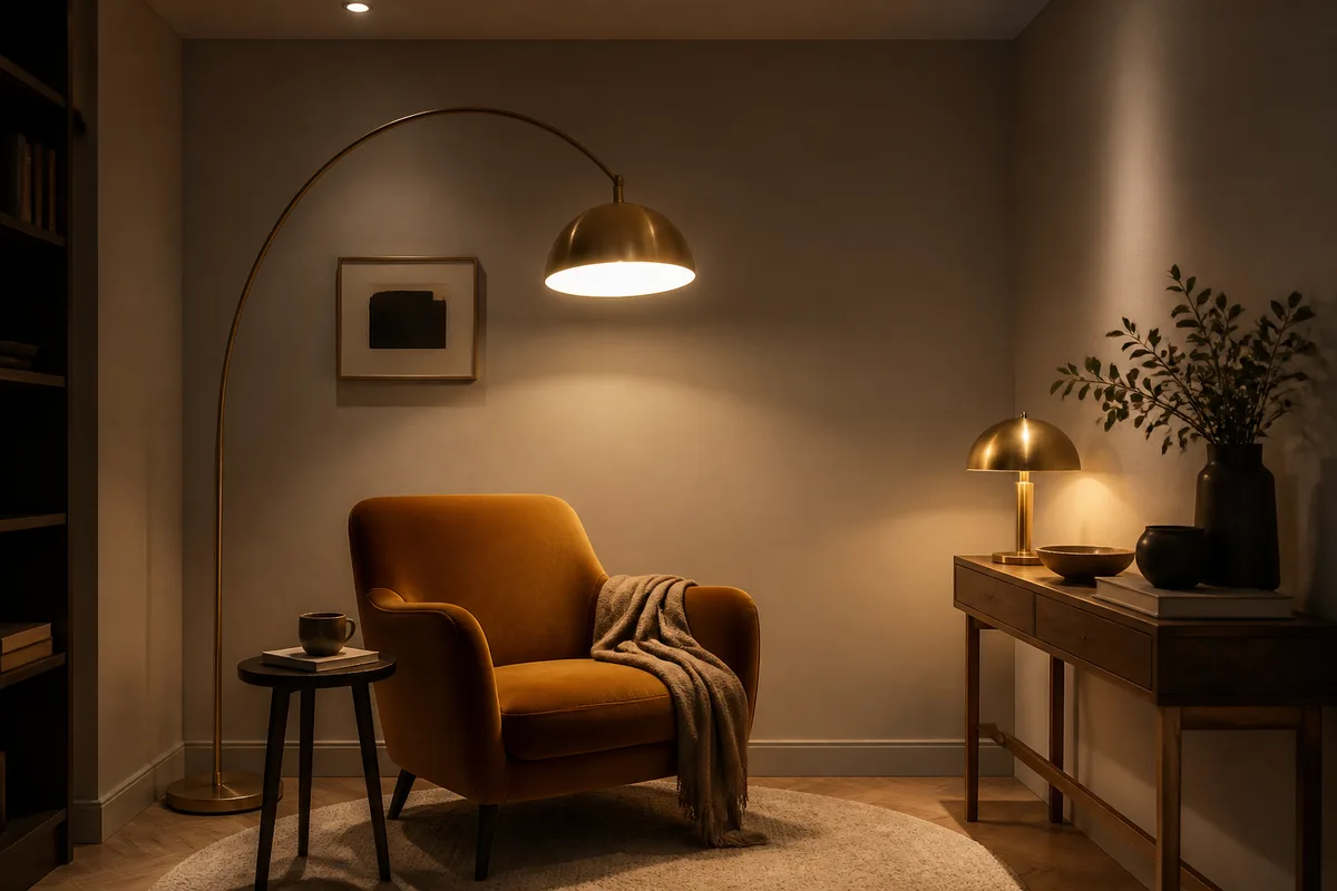 Salon aveugle éclairé par plusieurs couches de lumière artificielle chaude et neutre