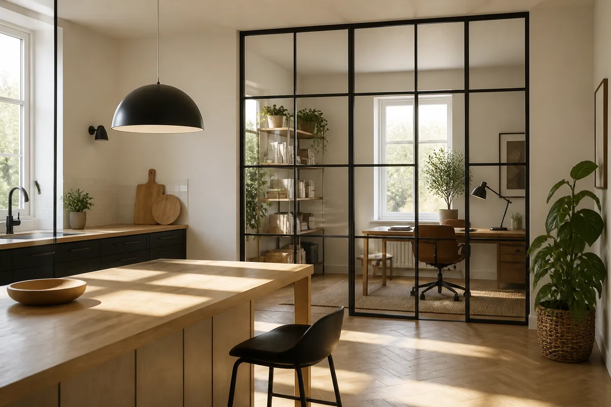 Verrière intérieure de style atelier laissant passer la lumière entre deux pièces