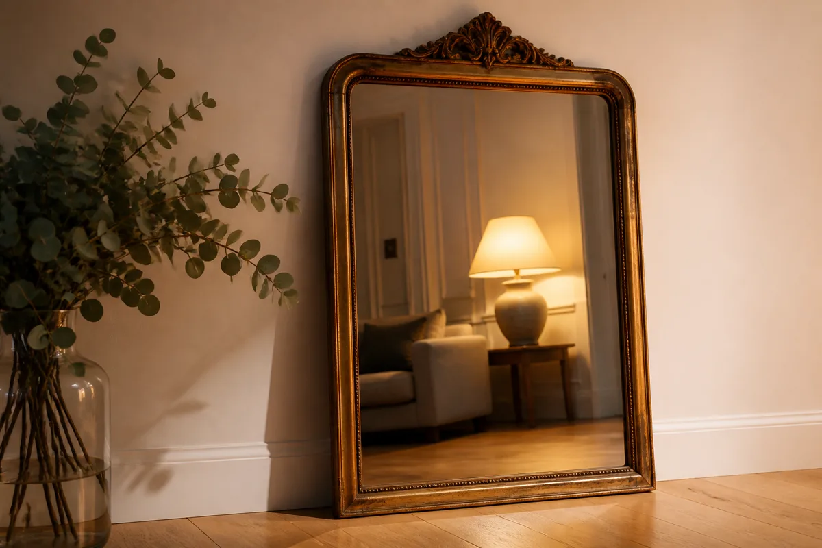 Grand miroir reflétant la lumière d’une lampe dans une pièce aux murs clairs