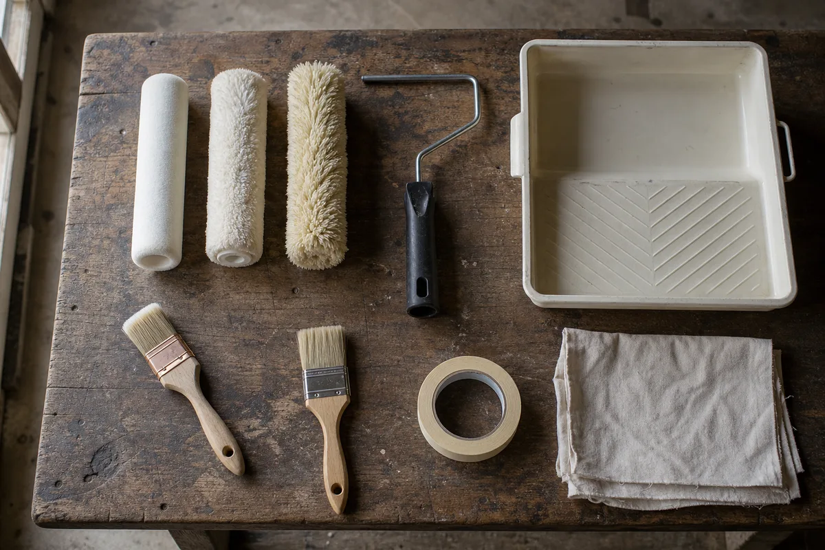 Rouleaux et manchons de peinture posés sur un établi de bricolage