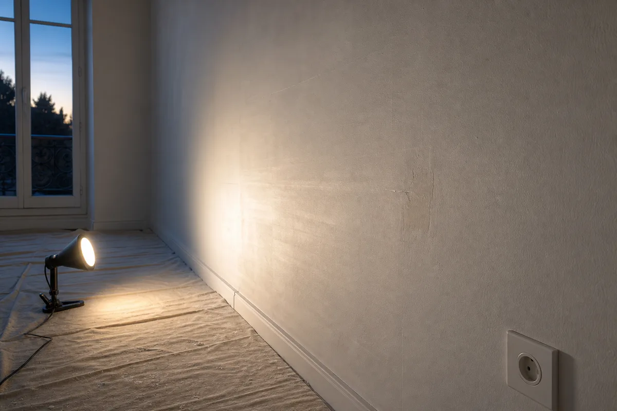 Mur clair fraîchement peint éclairé par une lampe baladeuse en lumière rasante