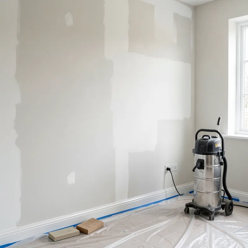 Mur de chambre préparé, enduit poncé et bâche de protection au sol avant tapissage