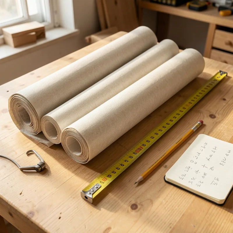 Rouleaux de papier peint intissé et mètre ruban posés sur un plan de travail avec relevé de mesures