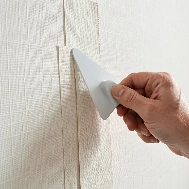 Mains marouflant un lé de papier peint intissé à la spatule sur un mur encollé