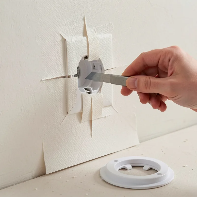 Découpe au cutter du papier peint intissé autour d&rsquo;un boîtier de prise électrique
