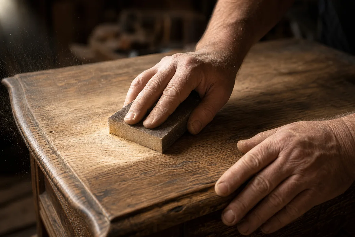 Mains ponçant à la main le plateau en bois d’une commode ancienne