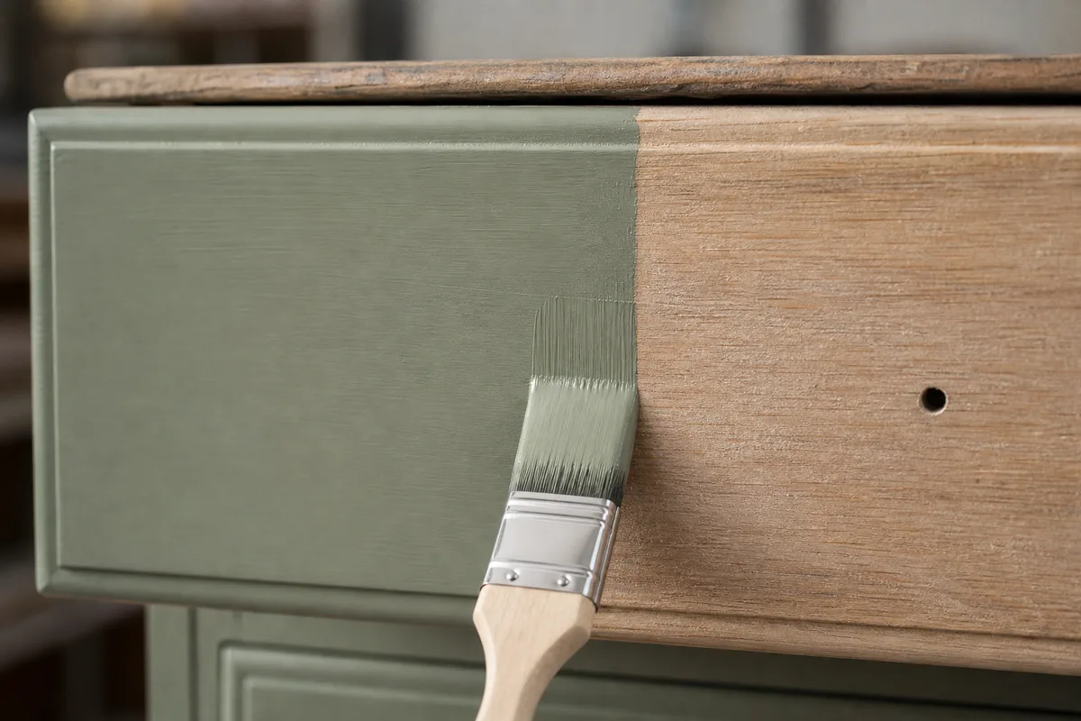 Pinceau appliquant une peinture mate vert sauge sur un tiroir en bois