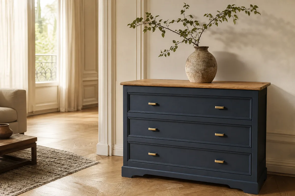 Commode ancienne relookée bleu-gris au plateau en bois brut et poignées en laiton